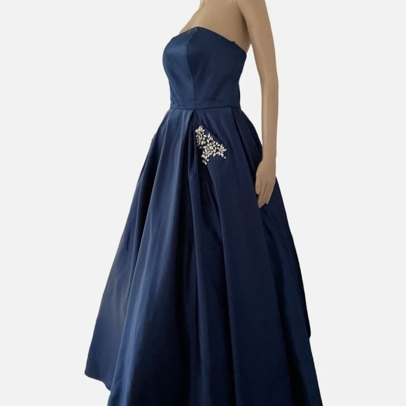 Sherri Hill Silver Blue Ruched Strapless Prom Gown - Picture 2 of 8